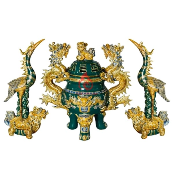 BỘ ĐỈNH HẠC SỨ MEN RẠN ĐẮP NỔI BÁT TRÀNG CAO 61CM 2